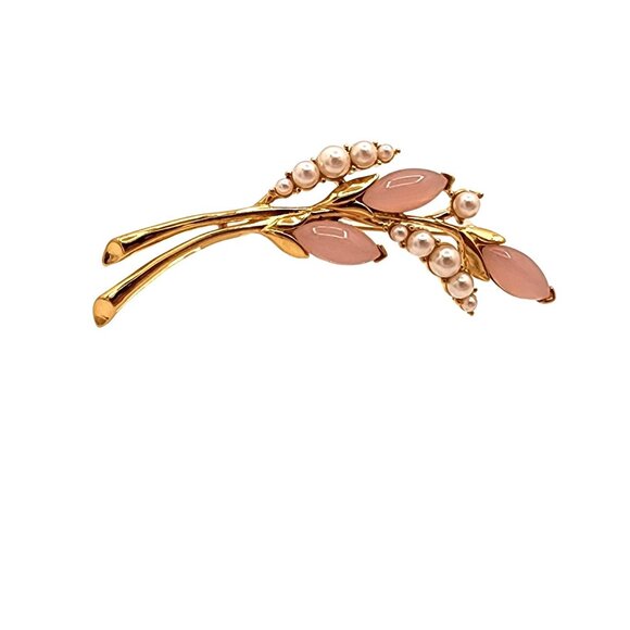 Vintage Crown Trifari Brooch Pin Pink Cabochon Faux Pearl Gold Jewelry NEW - Picture 2 of 4